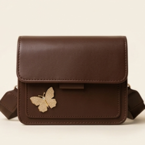 New Elegant Dark Brown Shoulder Crossbody Bag Thick Strap Gold Sparkle Butterfly