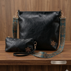 2Pcs Black Large Bag & Mini Purse Set Boho Thick Strap