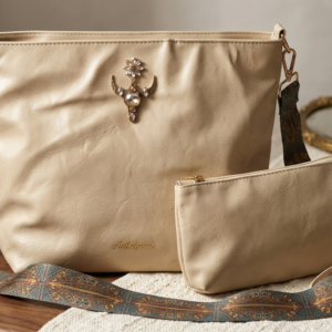 2Pcs Cream/Light Beige Large Bag & Mini Purse Set Boho Thick Strap New